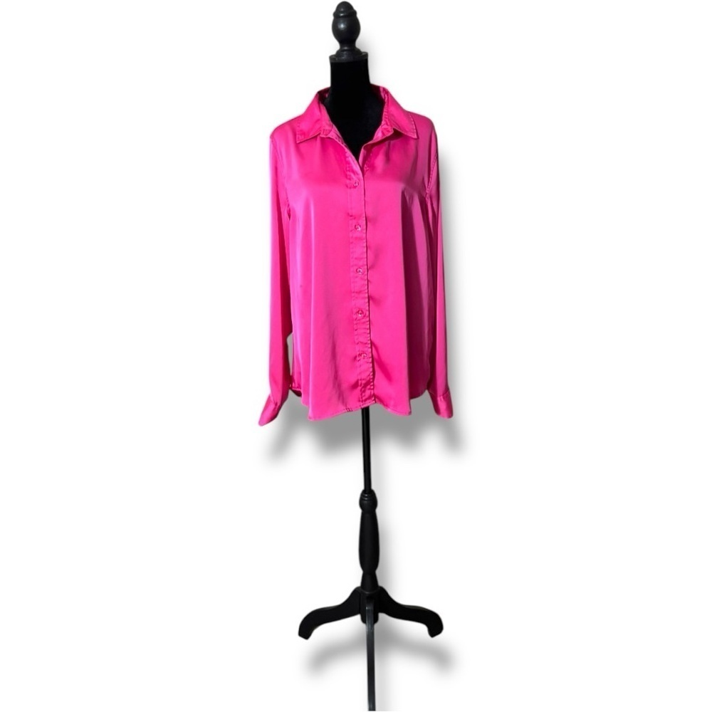 Blue Blossom Bright Pink Relaxed Button Down Shirt Long Cuffed Sleeve and Collar - Picture 2 of 14